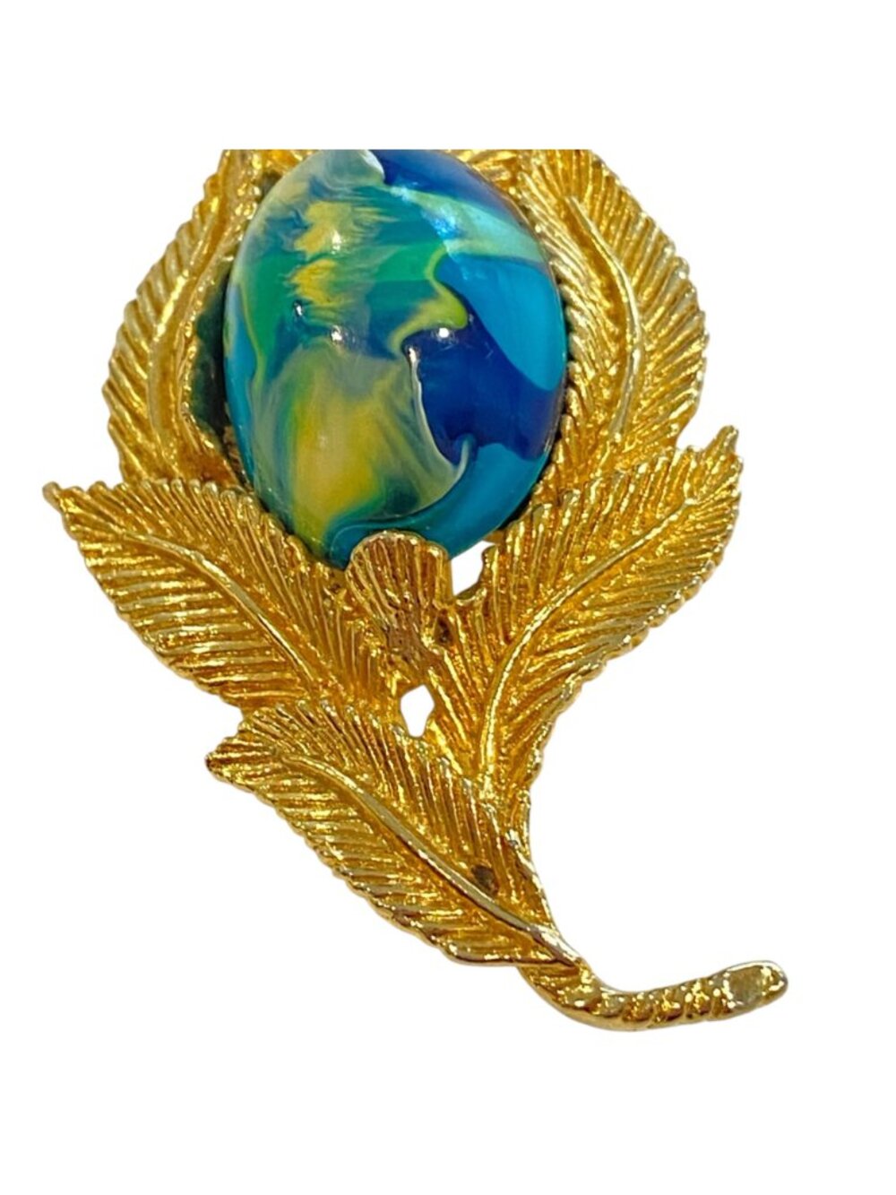 Gold-Tone Leaf Brooch With Blue & Green Swirl Cabochon 2.5 Inches Artist fermini - Picture 4 of 16
